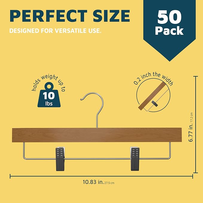Natural Color Wooden Pants Hangers 50 Pack, Lotus Wood Hanger with Adjustable Non-Slip Clips, Heavy Duty 10 lb Capacity, 360° Swivel Hook, Slim, Space-Saving Design for Slacks, Jeans, Skirts - Image 2