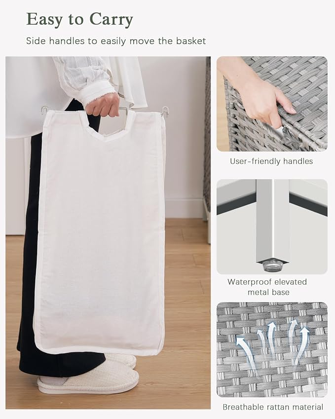 SETVSON Laundry Hamper with Lid, 35 Gal 3-Bag Clothes Sorter, Gray | Large Family Laundry Trunk with Lid, 3 Compartment Sorting Liner, 6 Wash Bags, Elevated PE Rattan Bin with Handles - Image 4