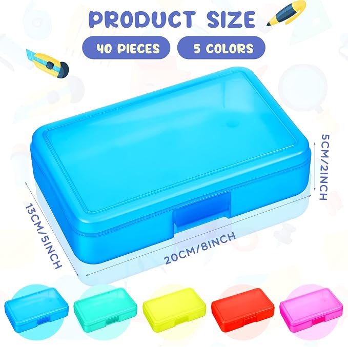 Zhehao 40 Pack Plastic Pencil Box Bulk, Hard Case for Kids,Multicolor | Clear Lid Cases for School Supplies, 3 Compartment Organizer, Hard Plastic Utility Holder with Pens Brushes, Classroom Use - Image 2