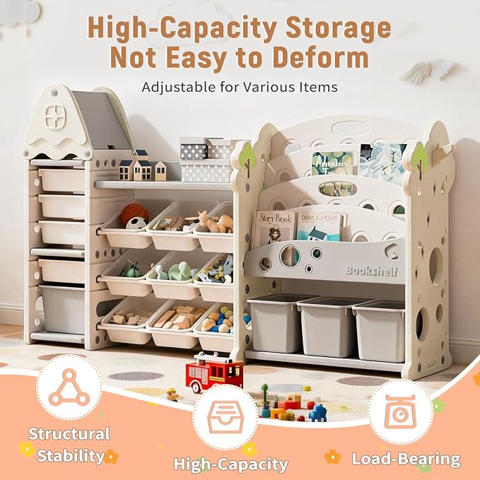 Pipleo Kids Toy Storage Organizer with 17 Removable Bins, 4-Tier Bookshelf for Kids, Multi-Purpose Castle-Shaped Toy Organizer for Playroom, Bedroom, Nursery, Living Room (Cream) - Image 3
