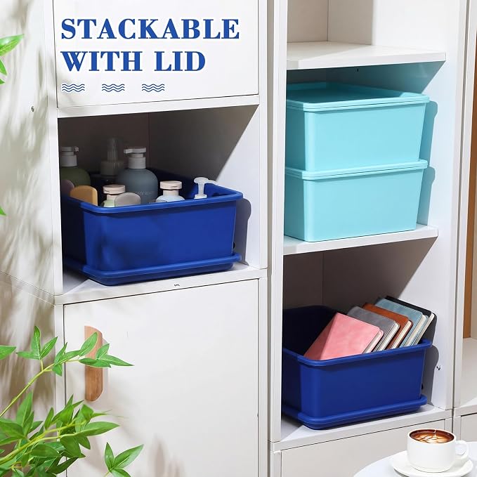 4 Pcs Storage Bins with Lids, Dark Blue, Light Blue, Large | Plastic Stackable Organizing Containers, Heavy Duty Storage Boxes for Classroom Room Shelves, Christmas Ornaments Baskets - Image 3