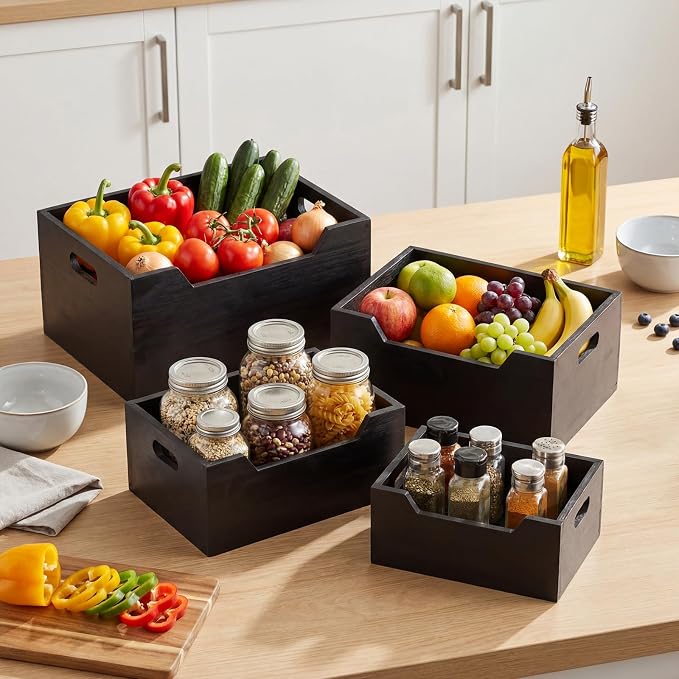 4 Pack Wood Crates Nesting Storage Baskets Decorative Farmhouse Wooden Organizer Crates Boxes with Open Front and Handle Rustic Nesting Baskets for Fruit Vegetable Kitchen Bathroom (Black) - Image 4