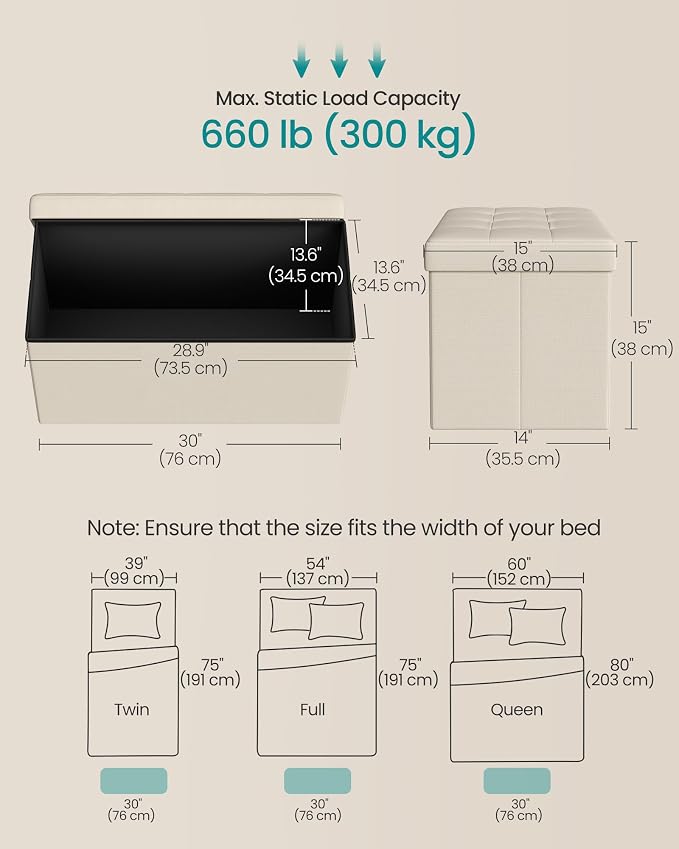 SONGMICS MAZIE Collection - 30 Inches Folding Storage Ottoman Bench, Ottoman Foot Rest, End of Bed Bench, Storage Chest, Load 660 lb, for Living Room, Bedroom, Entryway, Cream White ULSF47BE - Image 3
