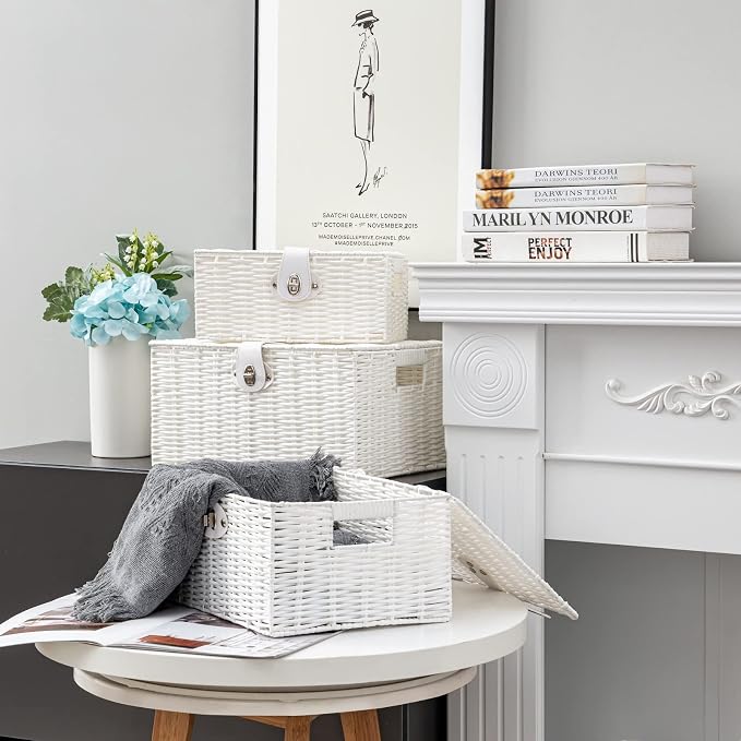 Set of 3 Woven Wicker Storage Basket Box with Lids & Lock, Built-in Carry Handles, Multifunctional Storage Organizer for Nursery, Baby, Clothes, Toys, Books, Large/Medium/Small Size (White) - Image 5