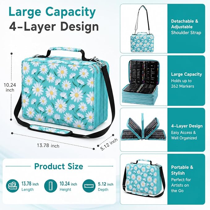 224-Slot Marker Organizer Bag, 4-Layer Case with Strap | 224-slot 4-layer marker bag in twill Oxford fabric with handle, detachable strap, smooth zipper for studio and outdoor use. - Image 2