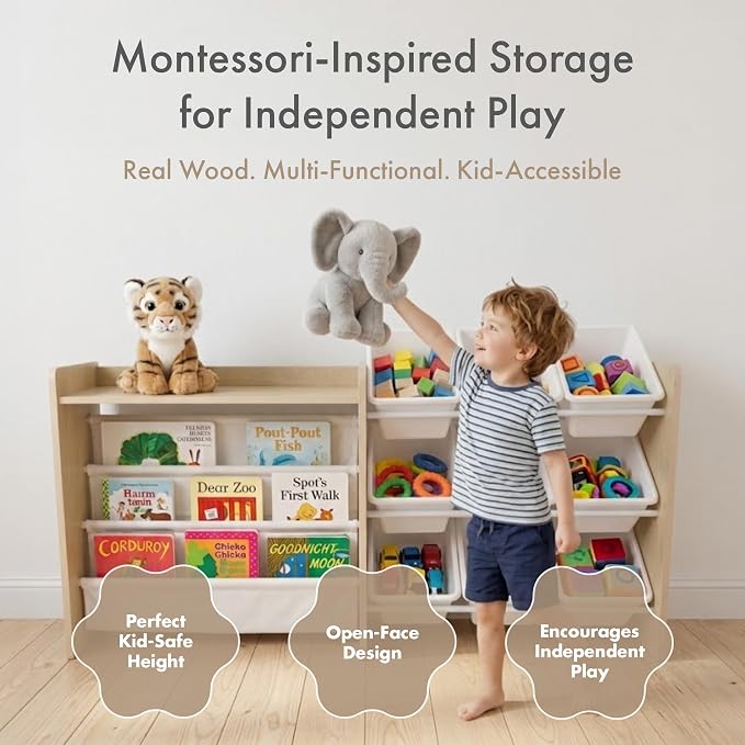 Humble Crew Kids Toy Storage Organizer, Front Facing Bookshelf, 9 Bins Wood | Removable bins, solid hardwood, 49 in wide with top shelf, toddler friendly, easy cleanup, for playrooms and nurseries - Image 3
