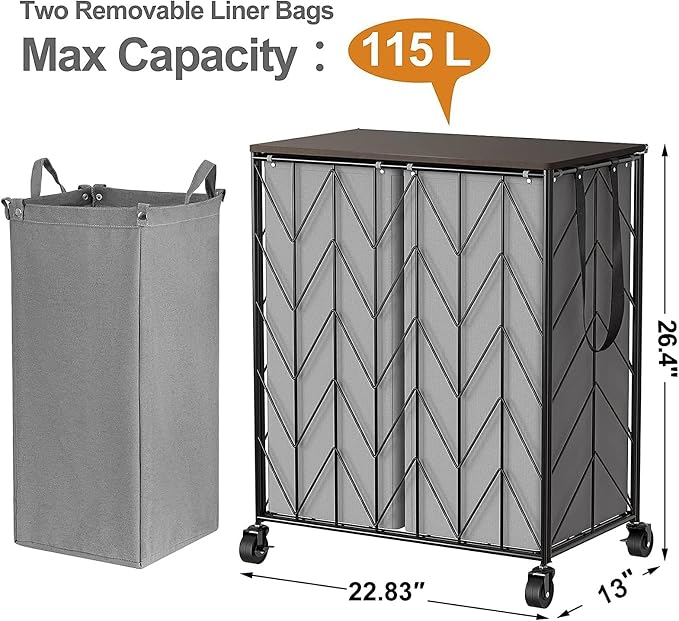 WOWLIVE Double Laundry Hamper with Lid, Rolling Laundry Basket with Wheels | Heavy Duty Wire Clothes Hamper with Divided Removable Bags, Large Iron-Made Laundry Sorter Laundry Room Organization, Grey - Image 4