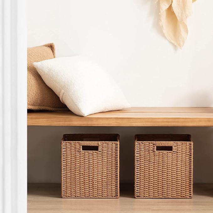 UBBCARE 3 Pack Wicker Basket, 11L×11H×10.5W inch Woven Paper Rope Storage Baskets for Shelves, Foldable Cube Storage bin with Handle, Storage Basket for Organizing & Decor,Caramel - Image 7