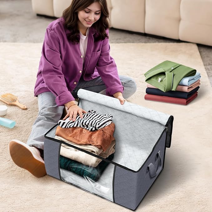 3 Pack Storage Bags for Clothes Blanket Storage Bins with Lids | Foldable Closet Organizers with Zippers,Window and Handles,Fabric Storage Bins for Sweater,Comforter,Bedding,Dorm essentials - Image 4