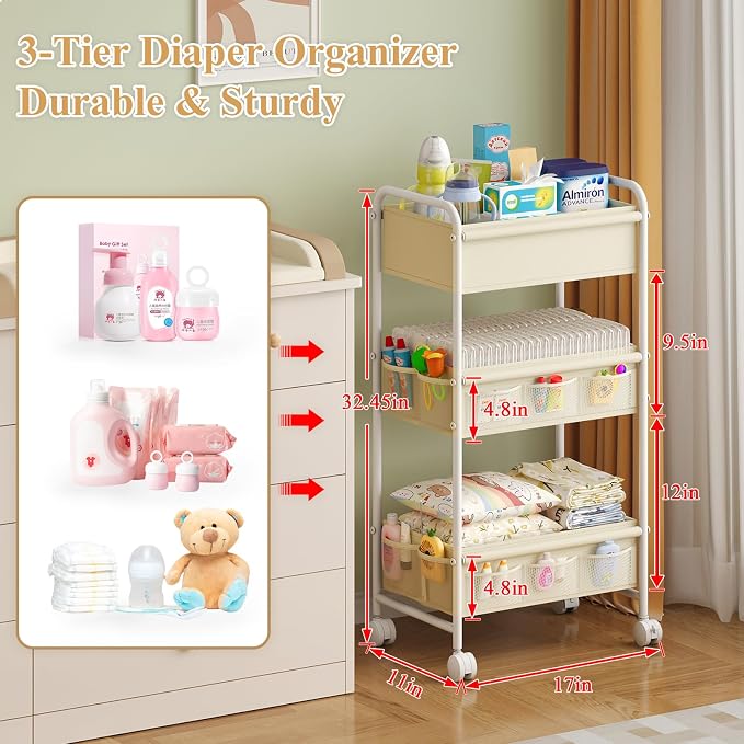 3-Tier Baby Diaper Caddy Cart Organizer,Mobile Nursery Storage Carts with Wheels,With 2 Dividers&14 Mesh Pockets Durable Metal Utility Cart for Nursery, Bedroom, Bathroom, Baby Essentials Organization - Image 2