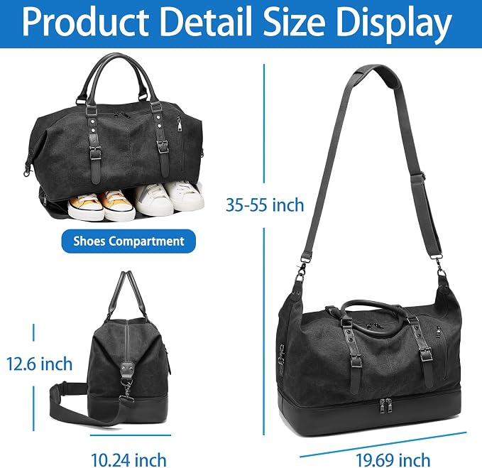 Canvas Duffle Bag for Travel, Weekender Overnight Bag for Women Men with Shoe Compartment Carry on Duffle Bags for Airplanes Gym Sport Business Bag - Image 4