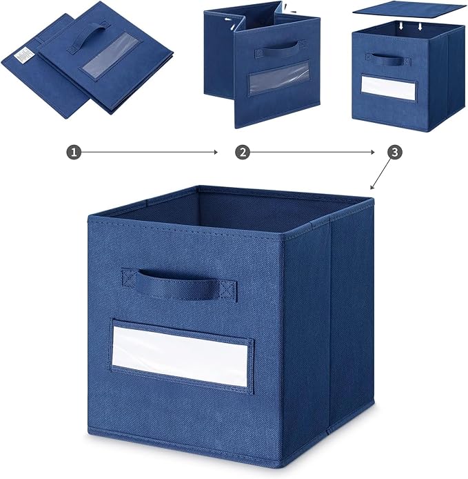 Fabric storage cubes (Set of 8) 11 Inch Cube Storage Bin, Cube storage with 8 Labels Window Cards & a Pen, Foldable cube organizer bins,11x11 Storage bin, Cubby Organizer Boxes, Navy Blue - Image 4