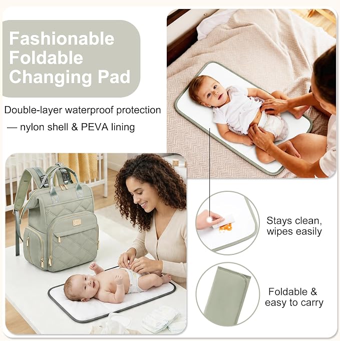 Diaper Bag Backpack Travel Diaper Backpack, Large Baby Diaper Bag with Changing Pad Baby Bag for Boys Girls, Insulated Pockets, Waterproof Baby Backpack for Mom & Maternity (Green) - Image 4