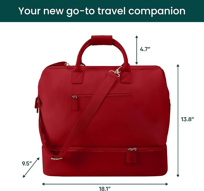 Nobl Travel Weekender Bag for Women & Men, Large Carry-On Duffel Cherry Red | Leather Overnight Tote with Trolley Sleeve, Separate Shoe Compartment & Laptop Pocket for Airplane, Gym & Road Trips - Image 4