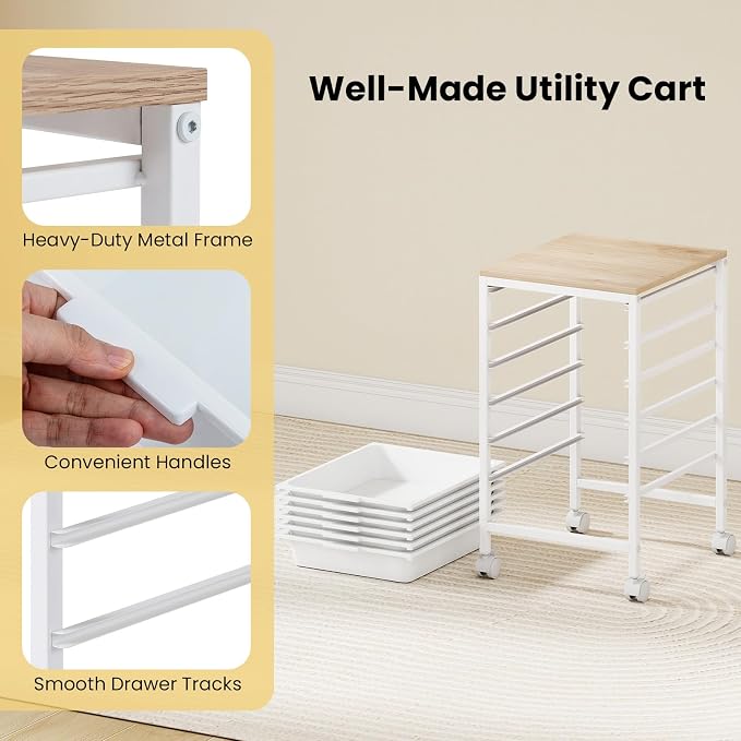 GOFLAME 6-Drawer Rolling Storage Cart, Craft Storage Cart with Wood Tabletop and Lockable Wheels, Art Cart Supply Storage Organizer with Metal Frame for Home Office Classroom, White - Image 7