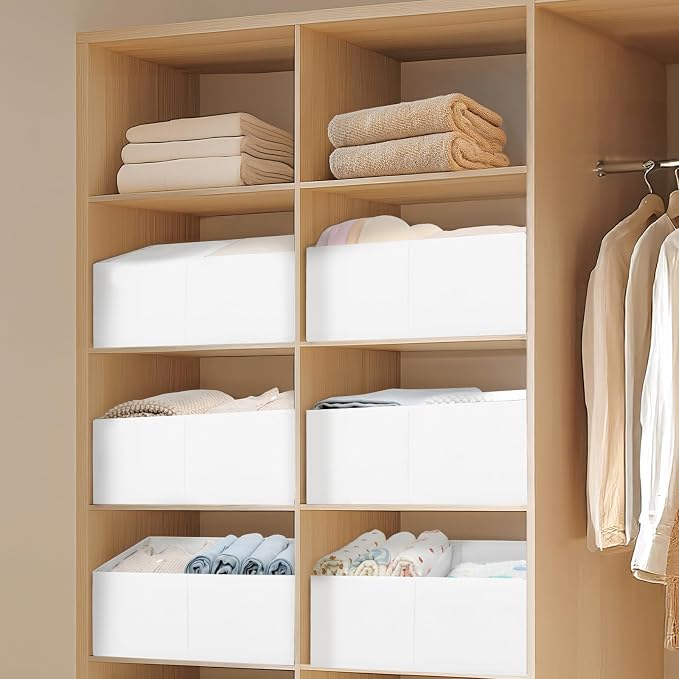 DIMJ Large Closet Shelf Organizer Bins 6 Packs with Handles and Divider, Fabric Trapezoid Storage Baskets, Foldable Clothes Containers Box for Shelf, Towel, Book, Toy, Purse, Hats, ,White - Image 5