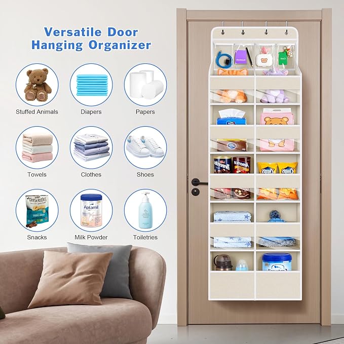 Univivi Upgraded Over Door Organizer for Baby Stuff, Beige Pattern, 6-Shelf | Fabric Behind Door Storage with Clear Window Deep Pockets, Over Door Hanging Organizer for Baby Essential, Bedroom, and Dorm - Image 9