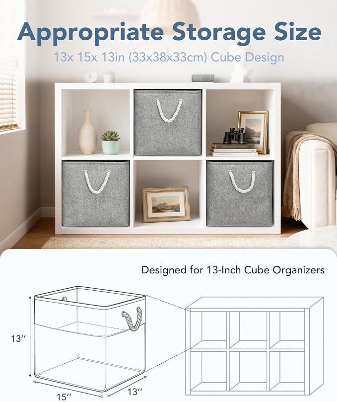 13x15x13 Inch Large Storage Bins with Cotton Rope Handles 6-Pack | Foldable, Top support of metal frame, Bottom with Cardboard Support, Fabric Cube Storage Bins for Closet, Grey - Image 2
