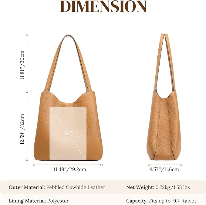 S-ZONE Soft Genuine Leather Tote Bag for Women, Shoulder Handbag Purses | Top Grain Pebbled Cowhide Leather, Fits 9.7" Pad, Multi Compartments, Bottom Metal Rivets, for Work Travel Daily - Image 4