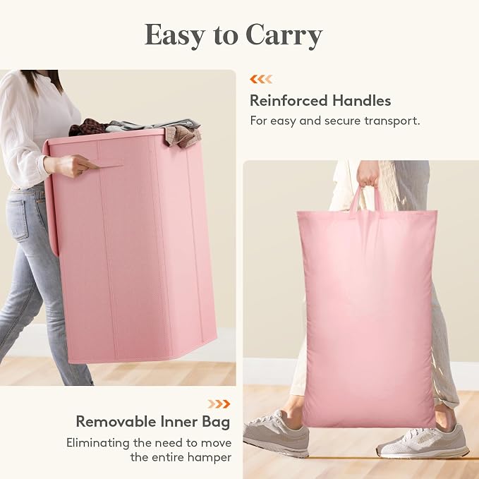 Lifewit 185L 3 Section Laundry Hamper with Lid, Laundry Basket, Pink | Large Foldable Laundry Sorter with 3 Removable Bags, Tall Clothes Hamper for Bedroom and Bathroom - Image 6