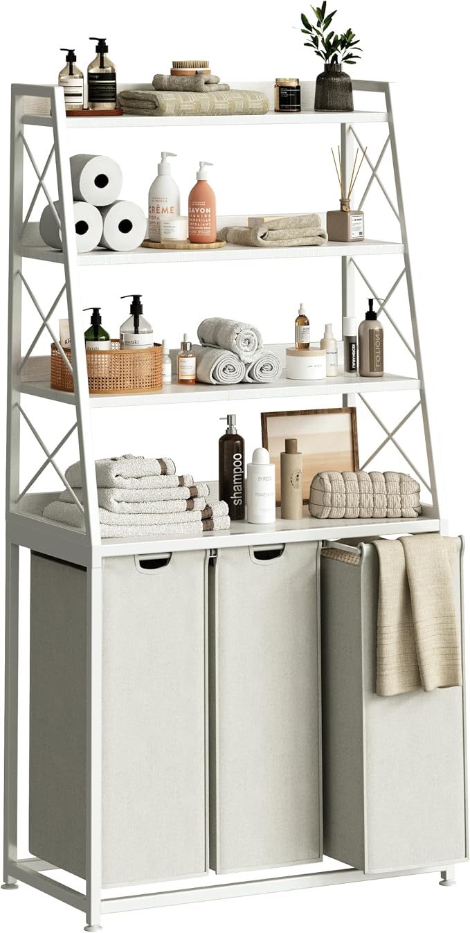 Herture 3 Section Laundry Hamper Laundry Basket with 4 Tiers Shelf | Laundry Sorter with Pull-Out Removable Large Bags, 4 x 15.87 Gallons, Metal Frame, for Laundry Room Bathroom, White PF05XLW by Herture