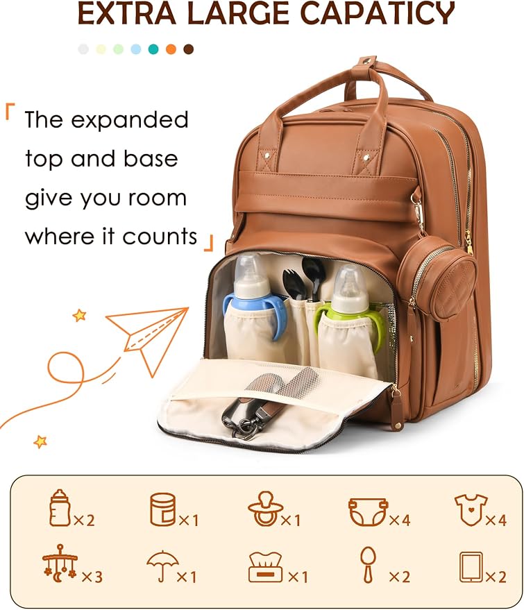 Diaper Bag Backpack with Changing Station, Waterproof for Travel, Vegan Leather, Brown - Image 5