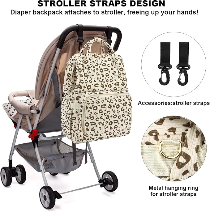 Corduroy Diaper Bag Backpack for Baby Girls Boys, Women Large Nappy Bags for Mom (Beige Corduroy Leopard) - Image 6