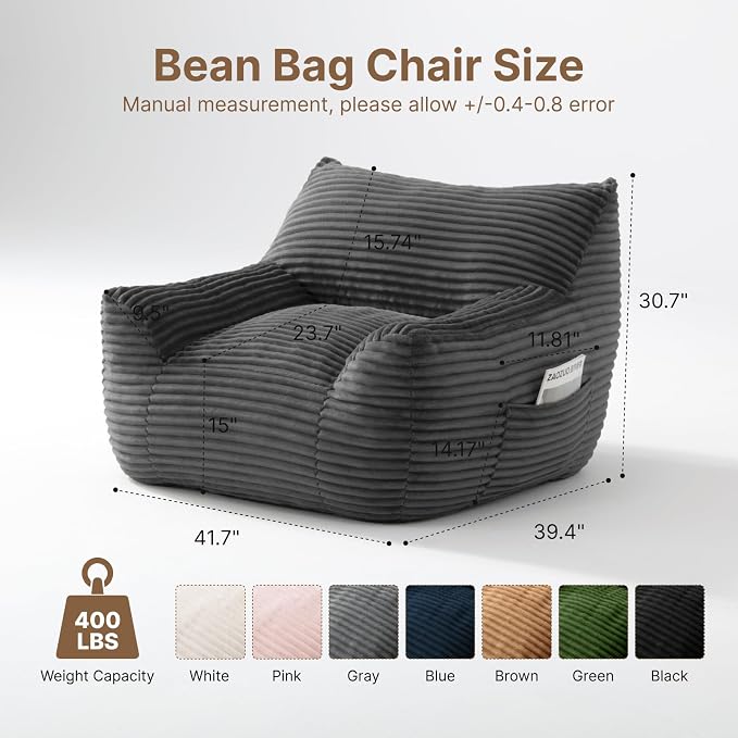 Bean Bag Chair for Adults & Kids, Giant Bean Bag Sofa with Side Pocket, Corduroy Beanbag Chair with Armrests, Comfy Stuffed Floor Sofa for Living Room Bedroom Dorm, Gray - Image 2