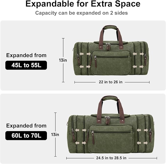EKOROMIER Large Canvas Duffle Bag for Travel, Expandable 70L Weekender bags | Features Luggage Trolley Sleeve, Multi-Pockets for Traveling, Durable Overnight Carry-On Bag for Men & Women - Olive - Image 4