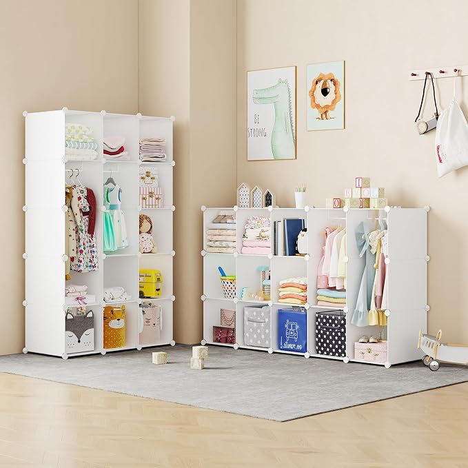 Modular Baby Wardrobe Closet, Portable Children Organizers and Storage for Nursery,15 Cubes with Hanging Rods,Multi-Functional Kids Storage Shelf-Bedroom Clothes Armoire (Boys & Girls) - Image 6