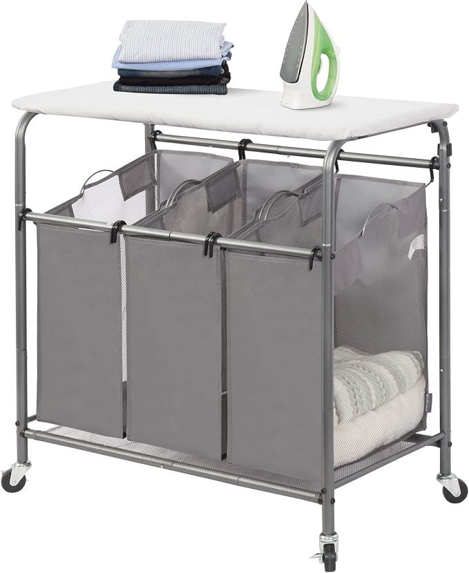 STORAGE MANIAC 3-Section Laundry Sorter with Foldable Ironing Board, Heavy-Duty Rolling Laundry Cart with and Removable Bags, Triple Laundry Hamper with Wheels, Dark Grey by STORAGEMANIAC