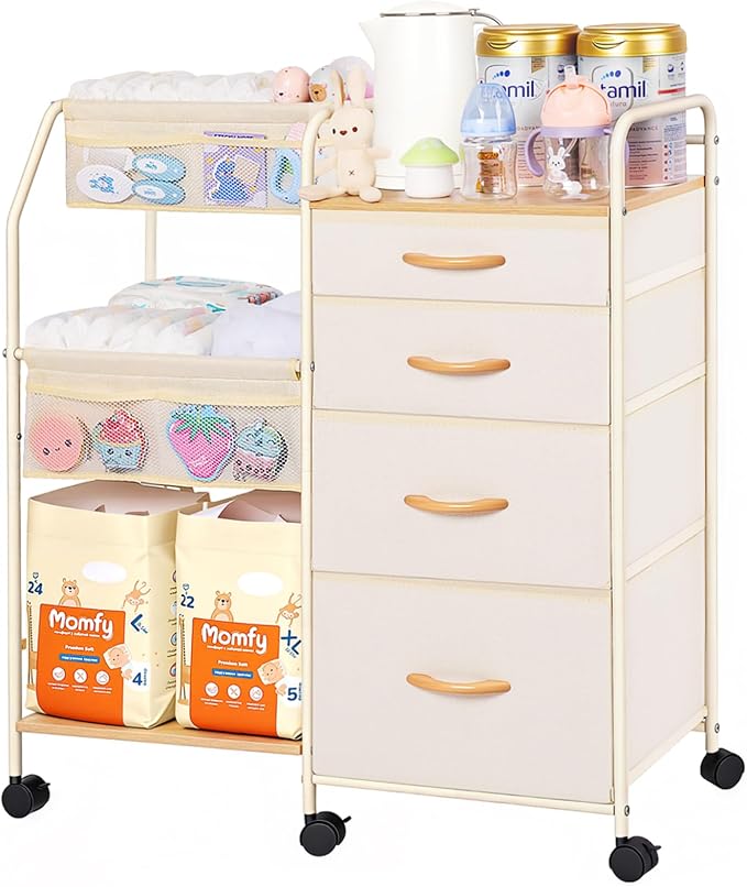 Baby Diaper Caddy Organizer Cart - 4 Tier Rolling Diaper Cart with Wheels, Baby Essentials Organizers and Storage, Mobile Utility Carts for Bedside, Bedroom, Crib Nursury, Changing Table by Fabuday