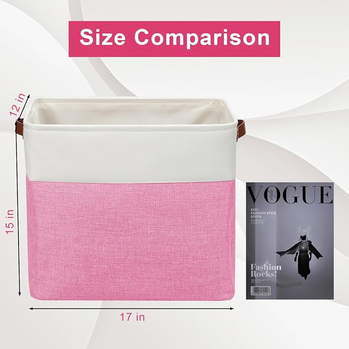 Large Fabric Storage Baskets | 50L Storage Bins, Decorative Linen Closet Baskets with Handles for Organizing, Shelf, Toys, Clothes, Home, Office, Nursery, 17x12x15Inches (Pink&White) - Image 3