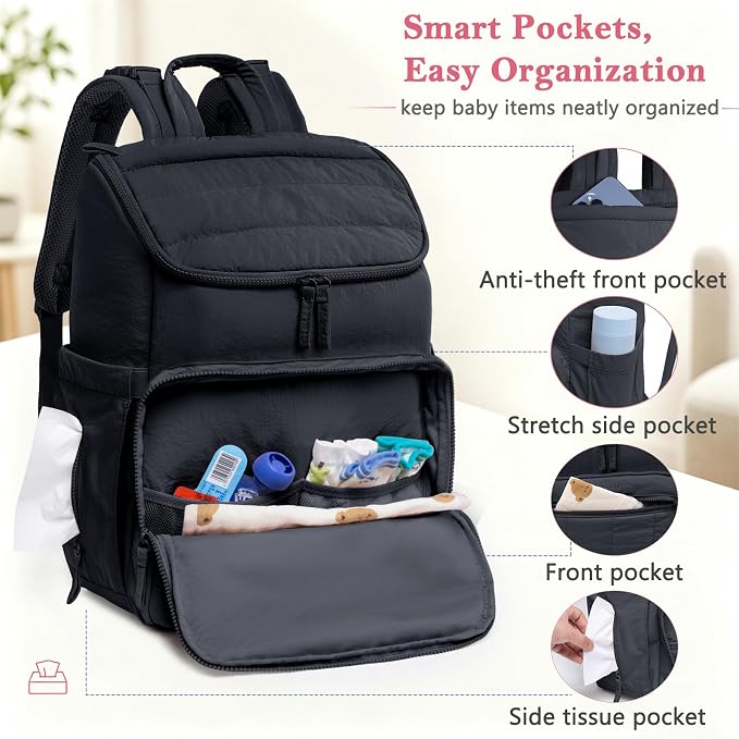 Puffy Diaper Bag Backpack for Mom, Lightweight Quilted Baby Bag with Waterproof Changing Pad, Large Travel Diaper Backpack with Insulated Bottle Pockets, Wipes Pocket, Stroller Straps - Image 4