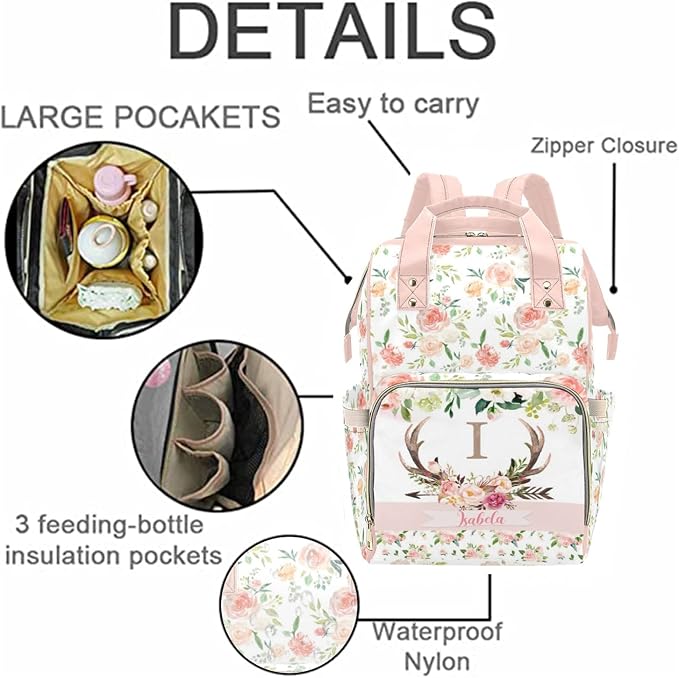 Custom Diaper Bag for baby Customized Antlers Deer Baby Bag Personalized Nursing Bags with Name Custom Name Mommy Daypack Bag Tote Bag Gifts for Travel Outside Daily Use - Image 5