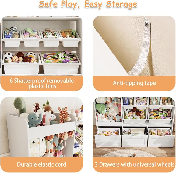 Kids Toy Storage, 50.6" W x 41.3" H Large Toy Organizers and Storage Cabinet with 6 Plastic Bins, 3 Rolling Drawers, Stuffed Animal Zoo, Wooden Organization Shelf for Playroom, Nursery(White) - Image 5