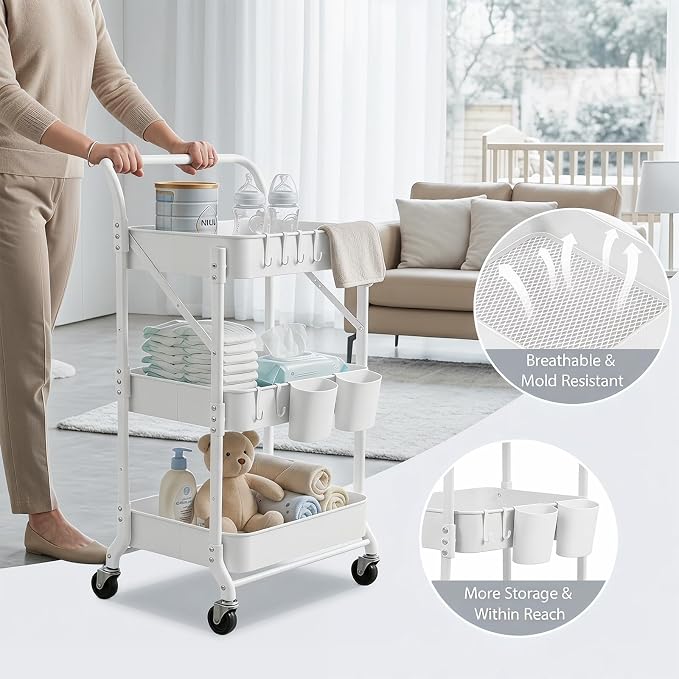 Amatic 3-Tier Folding Rolling Utility Cart with Wheels, Foldable Storage Cart Organizer with 3 Hanging Cups & 6 Hooks for Kitchen, Office, Living Room, Nursery(White) - Image 5