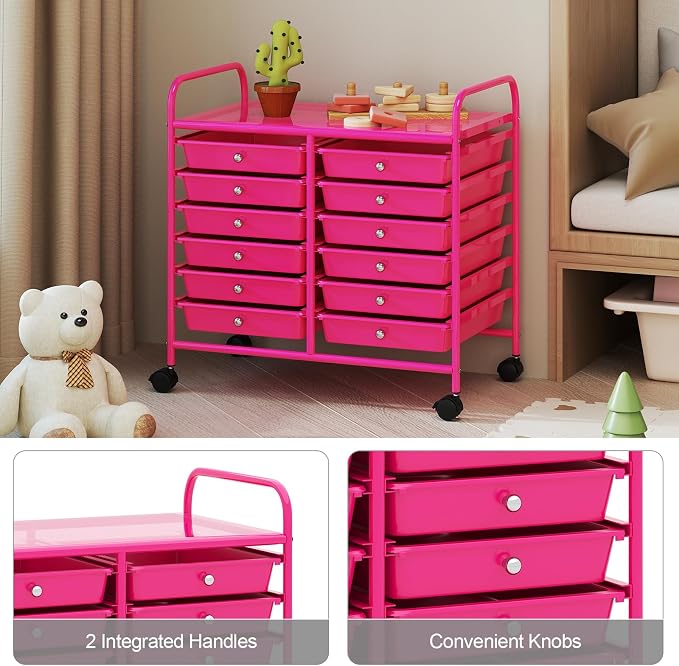 RELAX4LIFE 12-Drawer Rolling Storage Cart - Mobile Utility Cart on Wheels for School Classroom Teacher Office Salon, Paper File Art Supply Craft Organizer, Rolling Cart with Drawers (Hot Pink) - Image 6