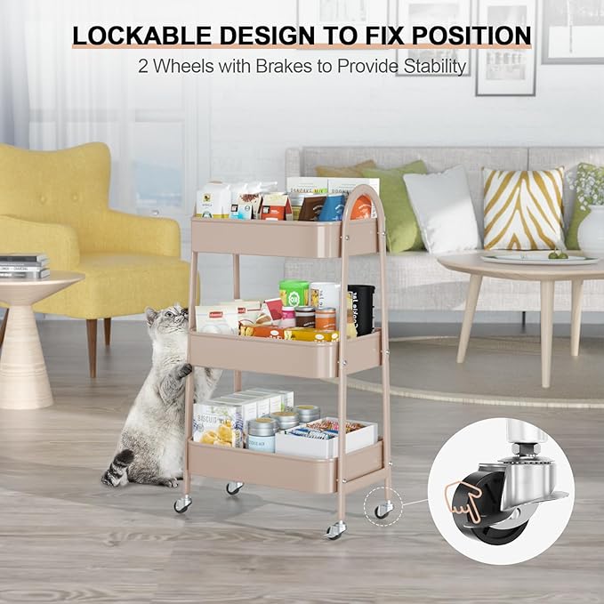 3 Tier Utility Rolling Cart, Metal Storage Cart with Handle and Lockable Wheels, Multifunctional Storage Organizer Trolley with Mesh Baskets for Kitchen, Living Room, Office, Garage (Beige) - Image 4