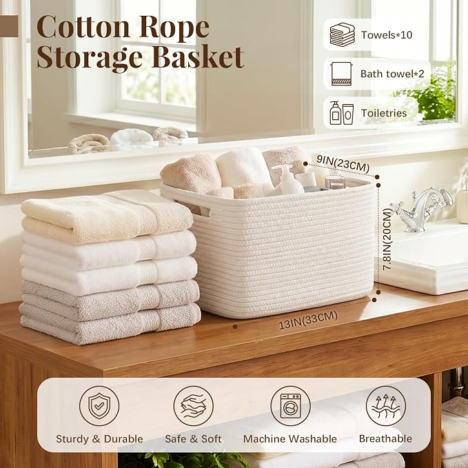 OIASKET 4Packs Natural Cotton Rope Storage Baskets for Organizing Toys, Clothes, Towels & Books, Soft Versatile Organizers for Shelves, Home Decorative Bins, 13''Lx9''Wx7.8''H, White - Image 2