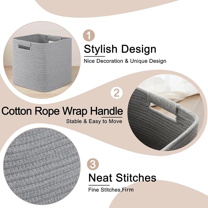 OIAHOMY Storage Cubes 11 Inch Bins-3-Pack, Cotton Rope Woven Baskets for Organizing, Square Storage Baskets for Shelves, Classroom, Kids Toy Bins, Closet, Baby Nursery-Grey - Image 4