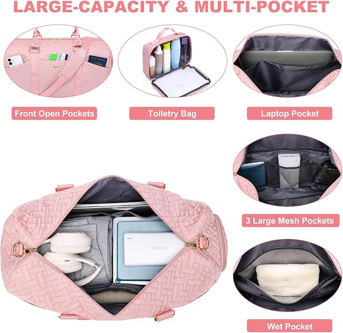 Women Weekender Travel Duffle Bag: Travel Duffel Overnight Bags with Shoe Compartment Large Carry on Tote with Toiletry Bag Weekend Traveling Yoga Gym Hospital Bag for Women with Wet Pocket Pink - Image 3