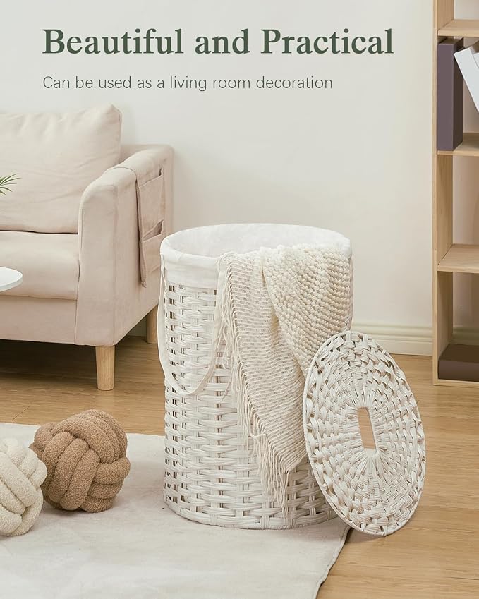 SETVSON Laundry Hamper with Lid Laundry Basket with Lid 72L, White | 19 Gal Round PE Rattan Hamper with Lid, Removable Washable Liner Bag, 2 Mesh Wash Bags, Steel Frame, Handles - Image 7