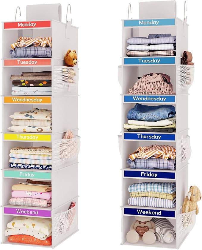 Fixwal Weekly Kids Clothes Organizer 2 Pack 6-Shelf Hanging Storage | Nonwoven Fabric, 6 Daily Shelves, 6 Mesh Side Pockets, 2 Metal Hooks, Foldable Design, for Kids Outfits and Accessories by Fixwal