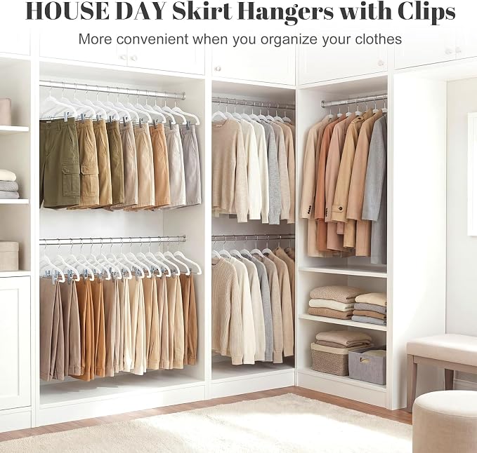 HOUSE DAY Velvet Skirt Hangers 24 Pack, White Velvet Hanger with Adjustable Clips, Space Saving Slim Pant Hangers, Heavy Duty Non Slip Clip Hanger for Pants, Skirts, Shorts | Velvet Hanger with Adjustable Clips, Space Saving Velvet Pant Hangers, Heavy ... - Image 8