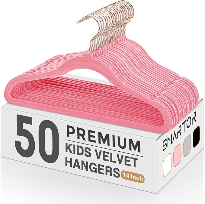Kids Velvet Hangers 50 Pack, 14 Inch Premium Non Slip Kids Felt Hangers for Closet, Space Saving Toddler Clothes Hanger for Youth's Childrens' Clothes (Rose Gold Hook)- Pink | Premium Kids Hangers for Closet Storage, Space Saving Toddler Clothes Hanger... by Smartor