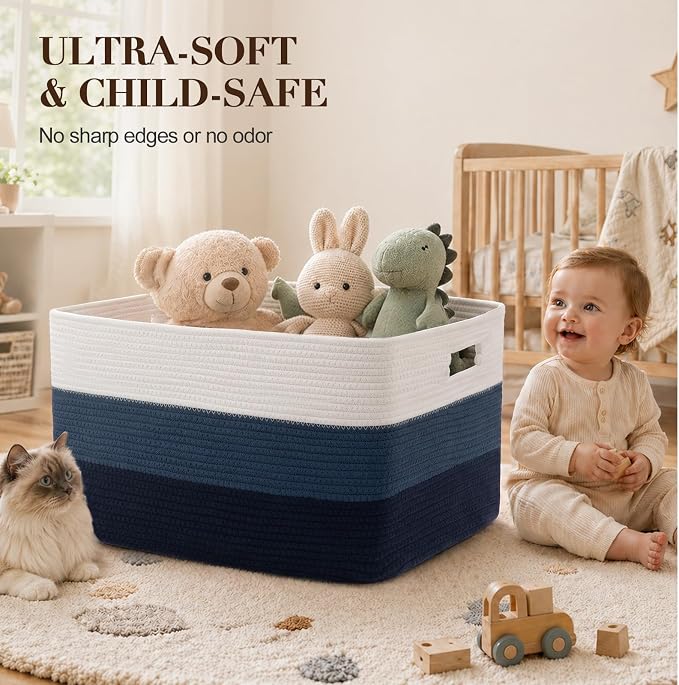 OIAHOMY Blanket Basket Laundry Basket Dog Toy Basket 75L Gradient Blue | Large Storage Basket,Baby Basket,Toy Storage,Woven Rope Basket for Blankets,Blanket Storage for Living Room - Image 4