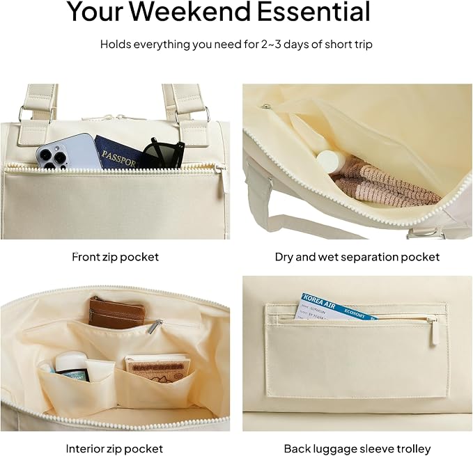 Travel Duffle Bag for Women, 40L Weekender Bags Airline Approved Carry On with Shoe Compartment & Waterproof Wet Pocket, Durable Nylon Weekender Overnight Bag for Travel, Gym, Business Trip, Beige - Image 5