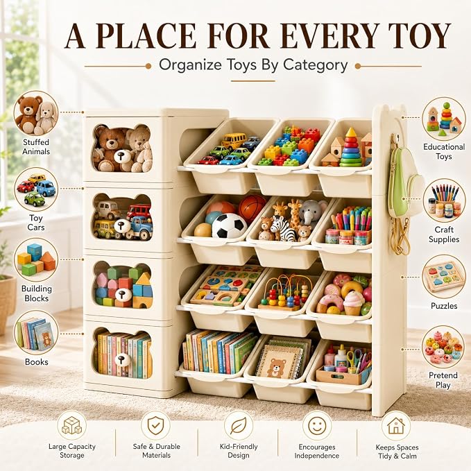 Toy Storage Organizer and Bookshelf, Large 4 Tier Book Shelf W/10 Toy Bins and 4 Drawers, Cute Bear Toy Organizers Box Bookcase for Nursery, Playroom, Bedroom, Kindergarten - Image 3