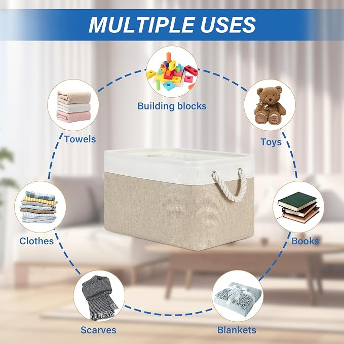 Temary Fabric Storage Baskets 4Pack Storage Bins Decorative Basket for Gift, Clothes Bin with Rope Handle, Rectangle Baskets for Storage, Blankets(White&Khaki,15x11x9.5 inch) - Image 6